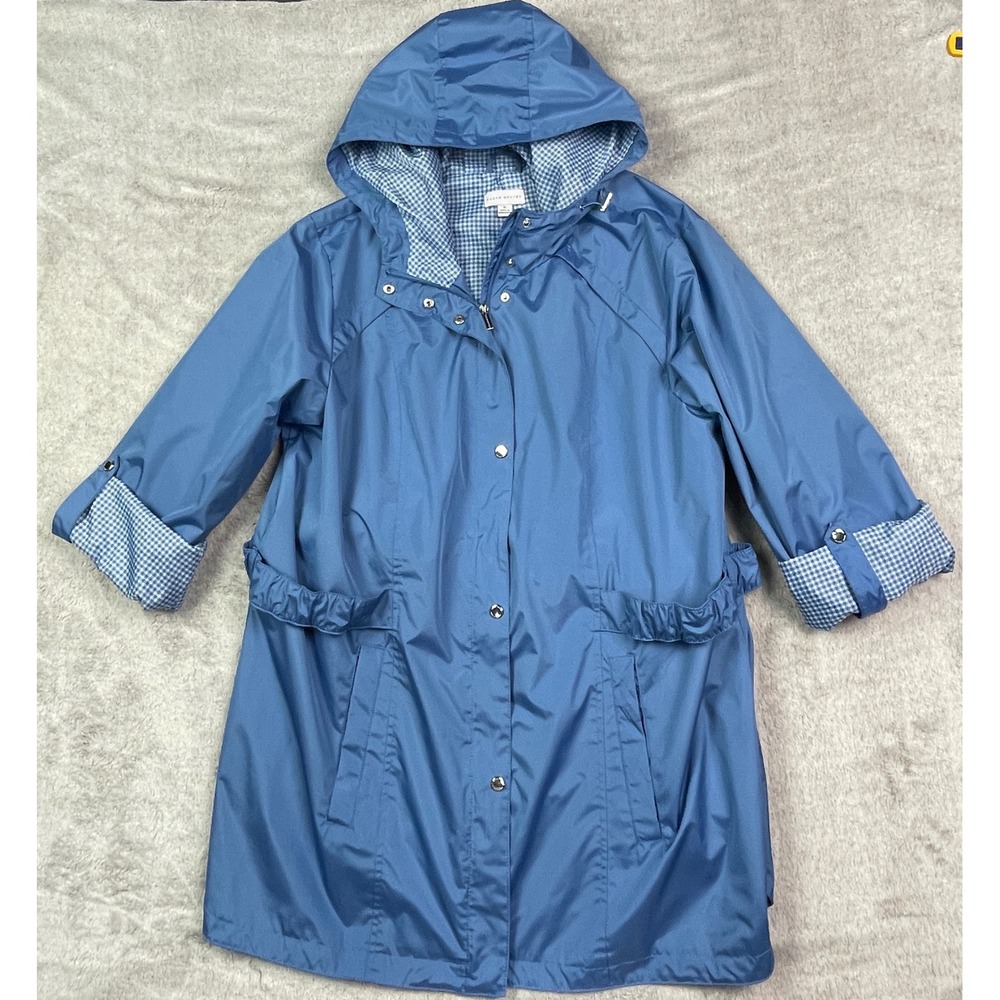 Susan Graver Water Resistant Hooded Rain Jacket 1X Blue Gingham Lined Anorak